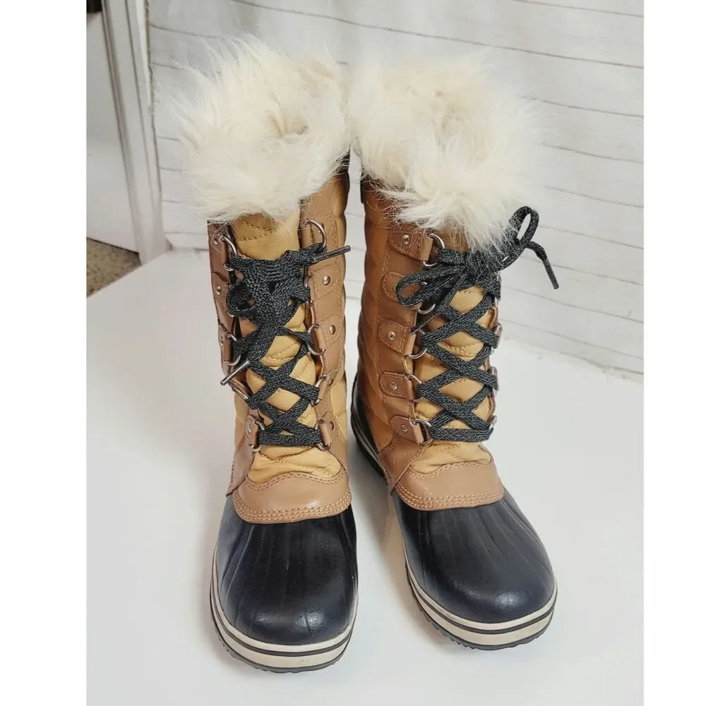 Sorel Tofino II Lace Up Snow Boot in Elk Curry w Faux Fur Trim, sz 7